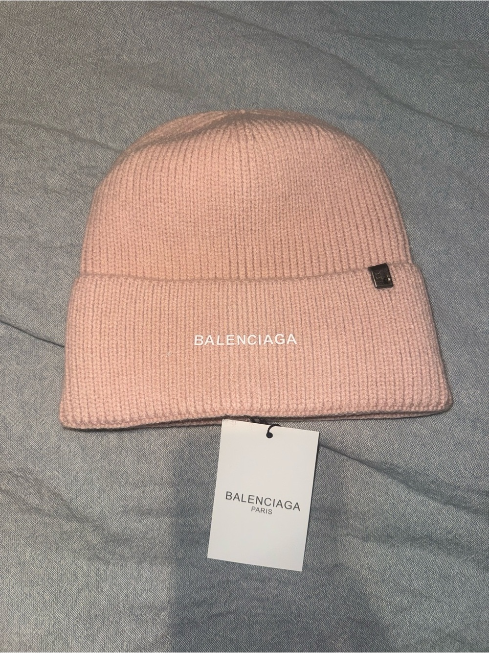 Balenciaga Light Pink Ribbed Cuffed Beanie with Logo Tab